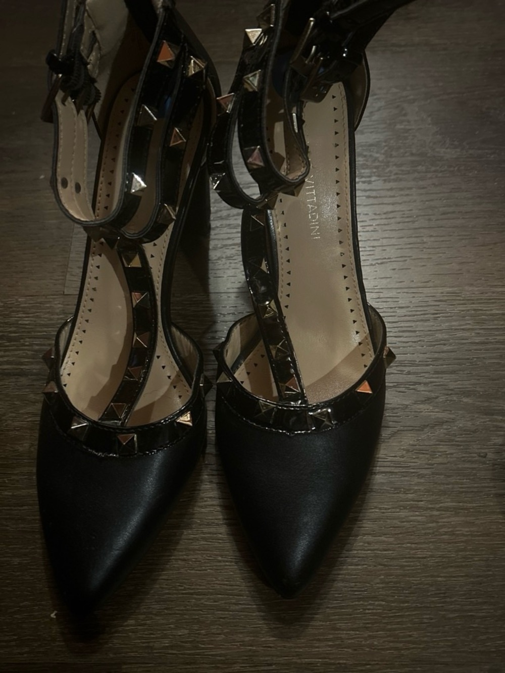 Adrienne Vittadini Black Studded Pointed-Toe Ankle-Strap Pumps